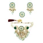 ZAVERI PEARLS Turquoise Blue & Green Meenakari Cascading Waterfall Beads Necklace Earring & Ring Set